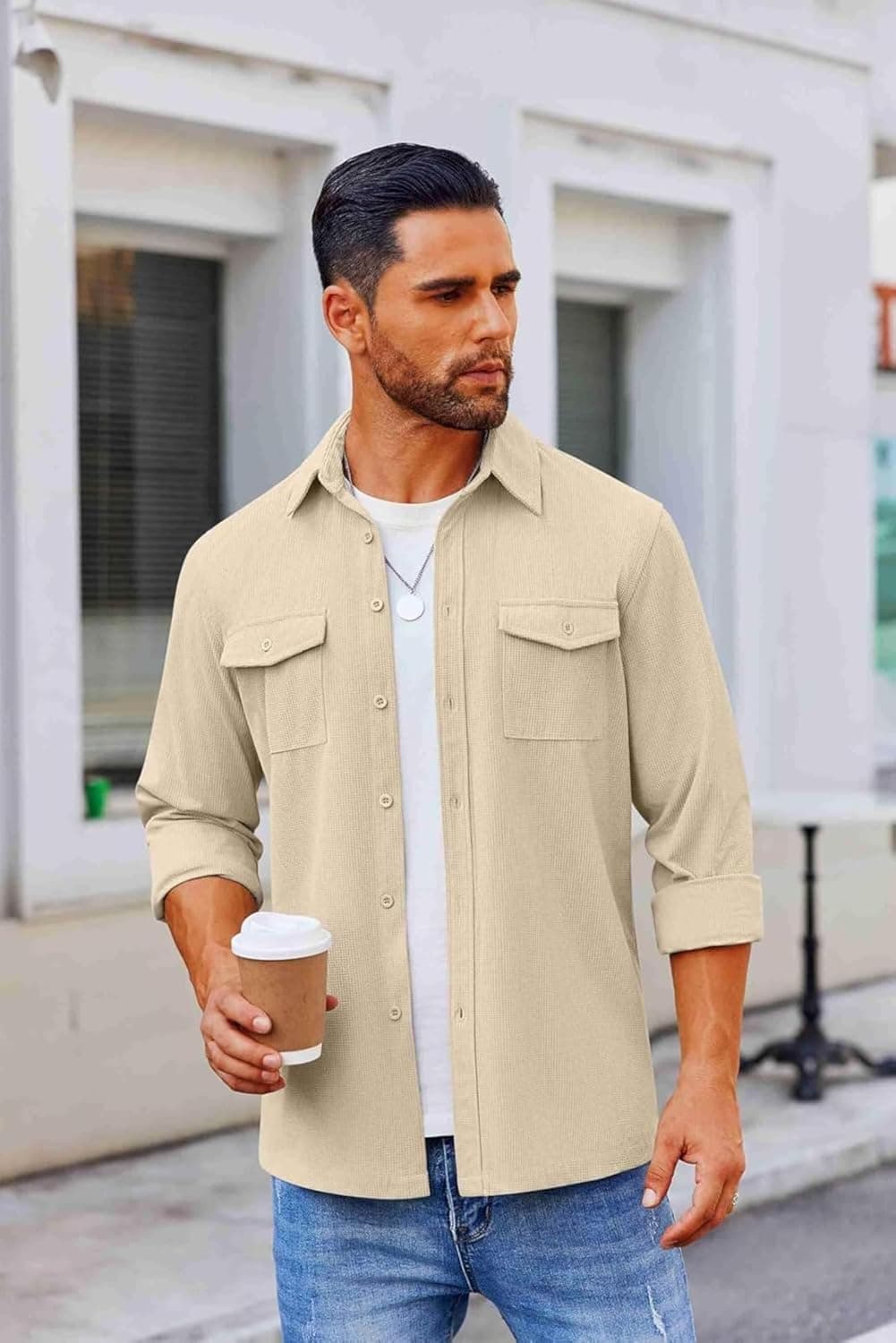 Classic Men’s Beige Regular Fit Shirt with Pockets