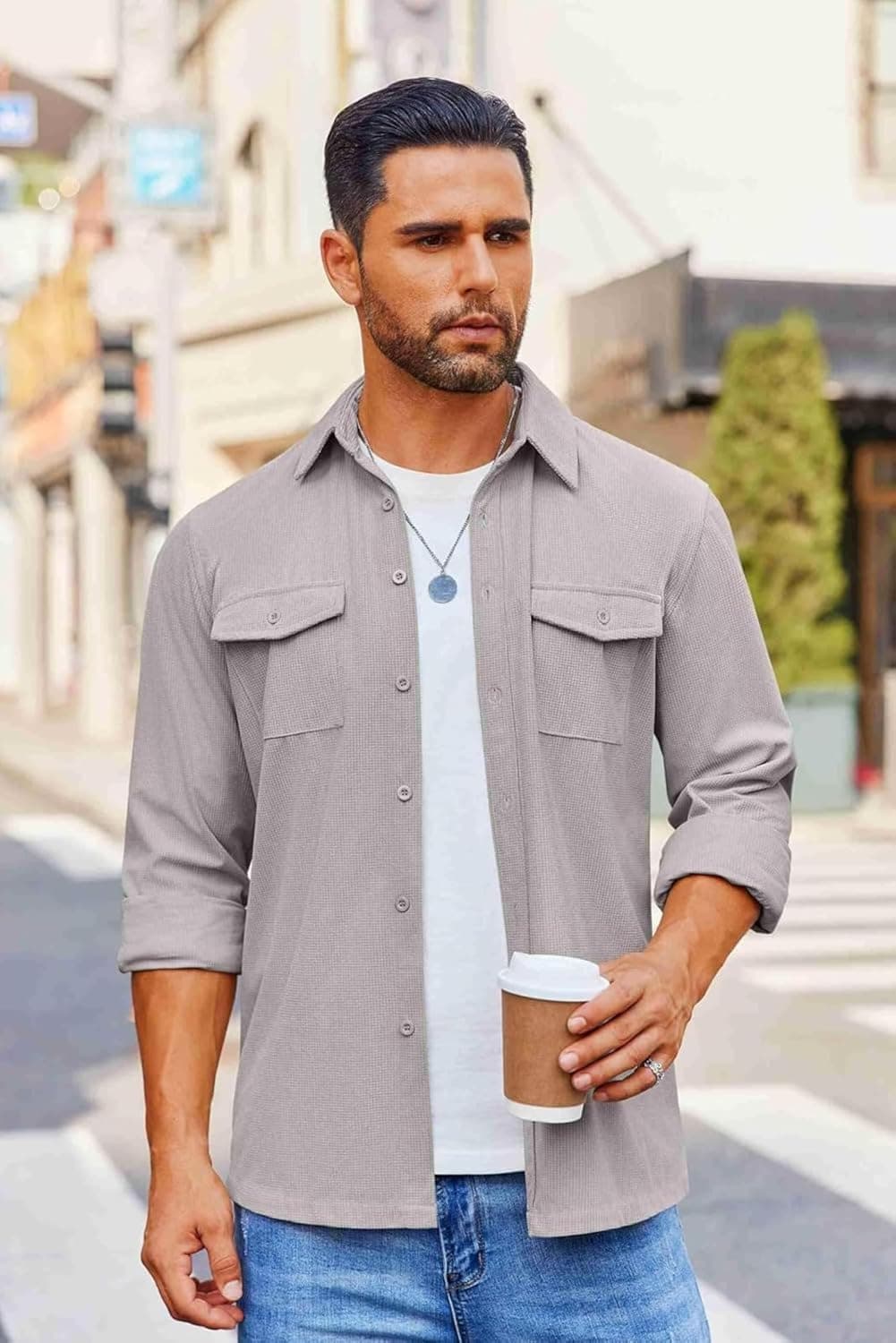 Men’s Light Grey Regular Fit Full Sleeve Shirt with Two Pockets