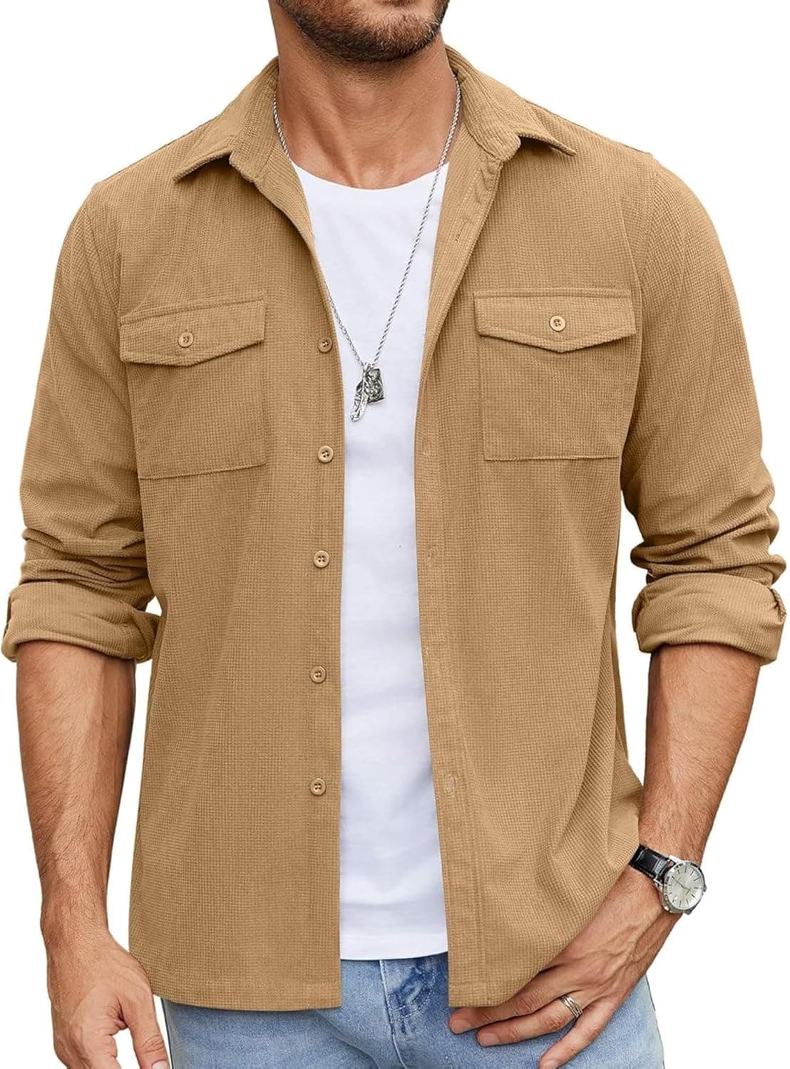Men’s Camel Baggy Regular Fit Full Sleeve Shirt with Two Pockets