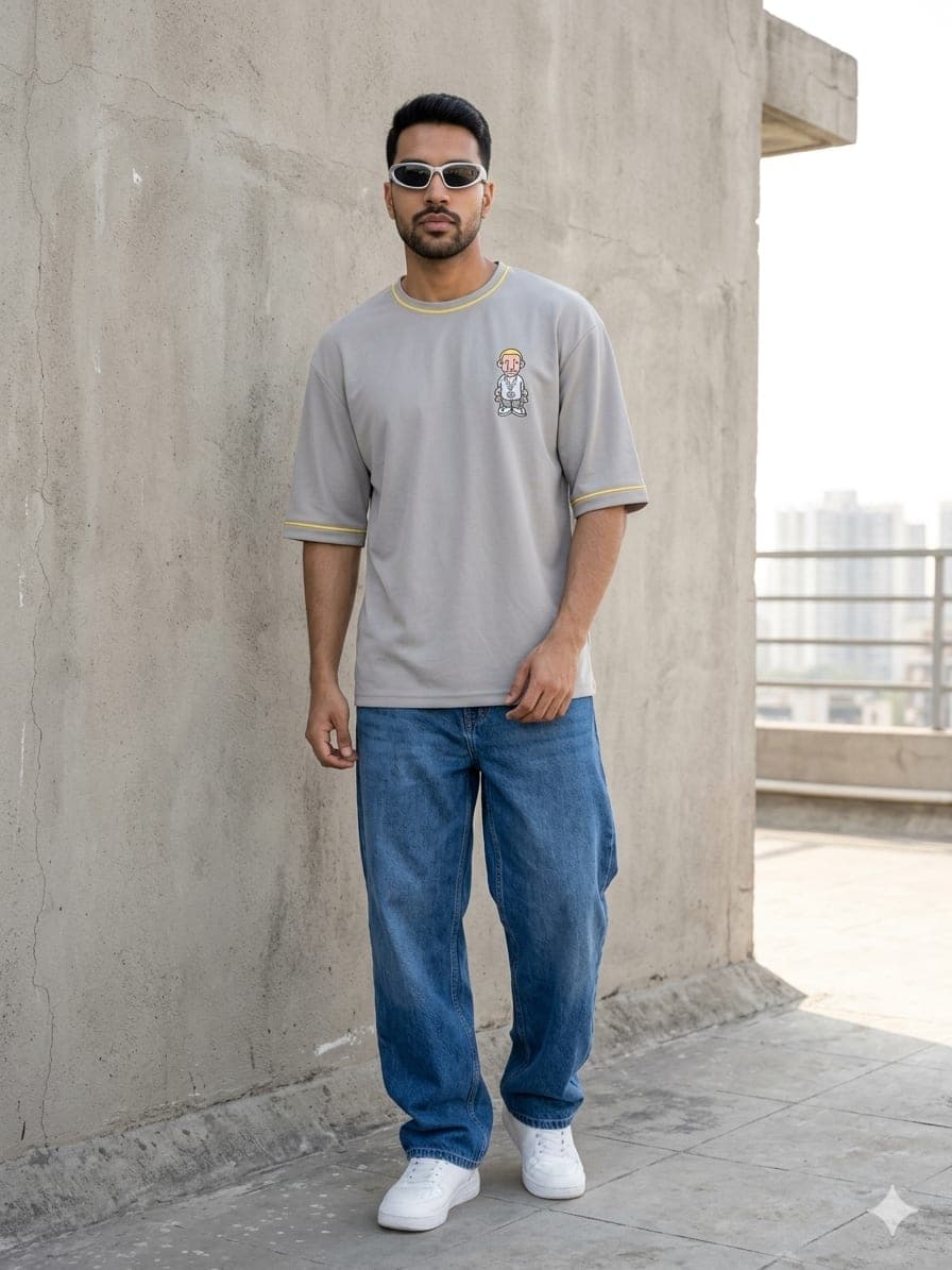 Grey Oversized Off Shoulder Graphic Print T-Shirt for Men