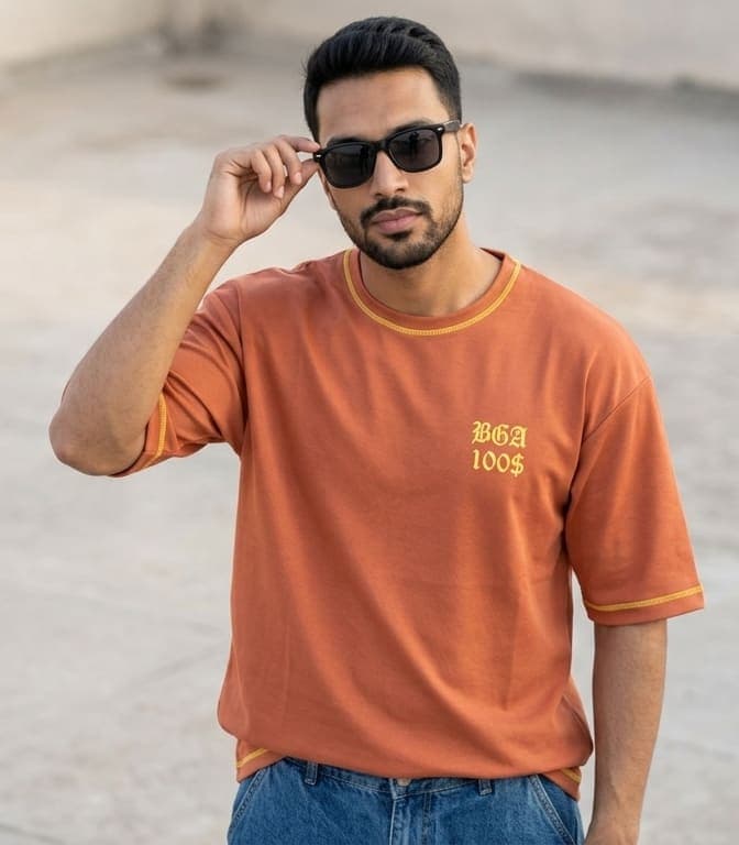 Men’s Burnt Orange Oversized Off Shoulder Graphic Print T-Shirt