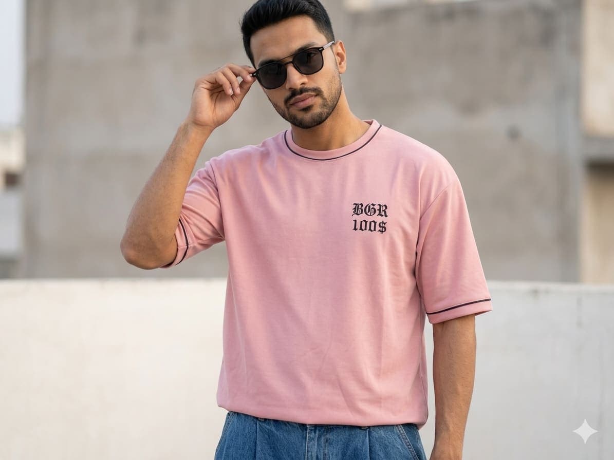 Urban Baby Pink Off Shoulder Graphic T-Shirt for Men
