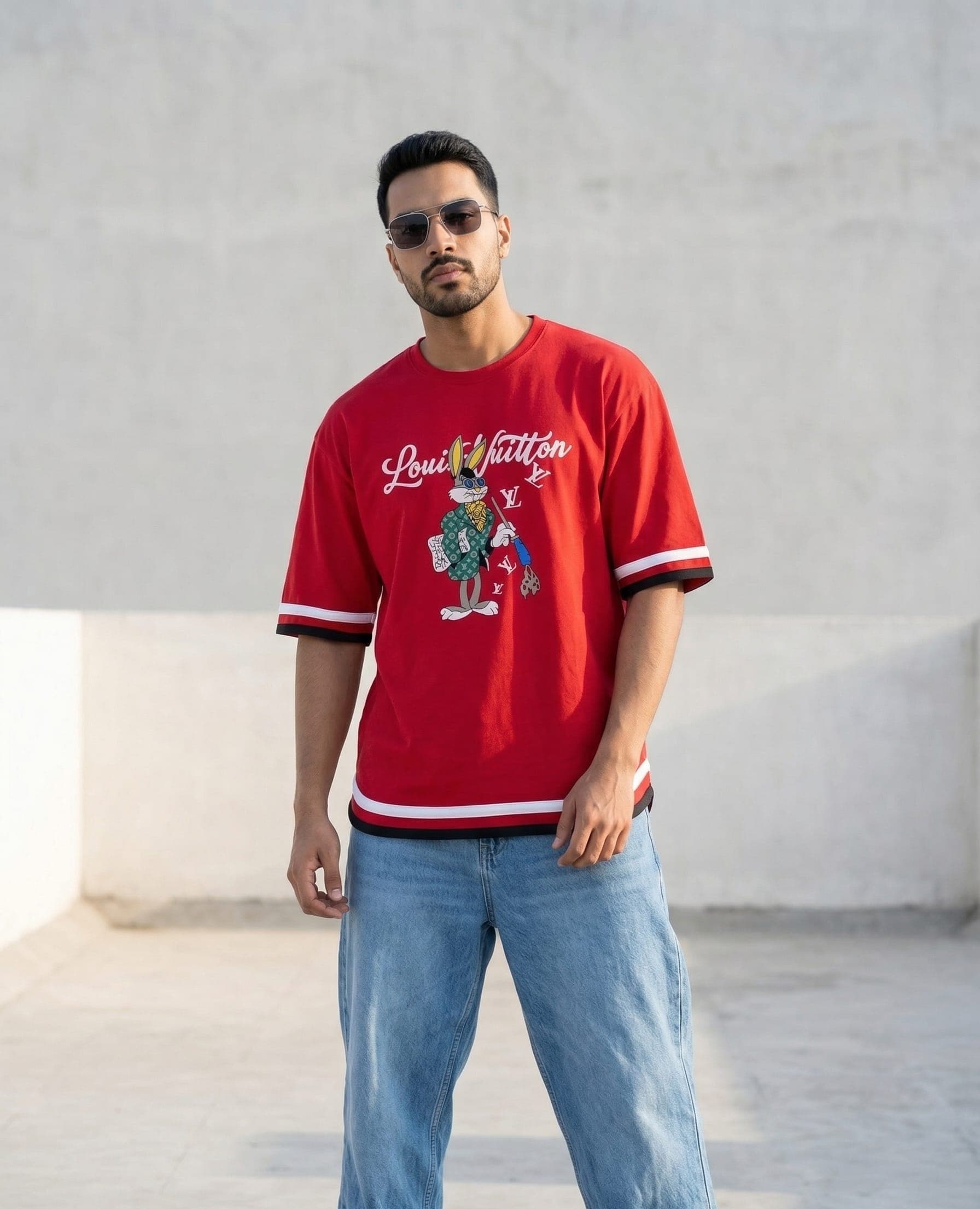 Red Oversized Off-Shoulder Graphic Print T-Shirt for Men