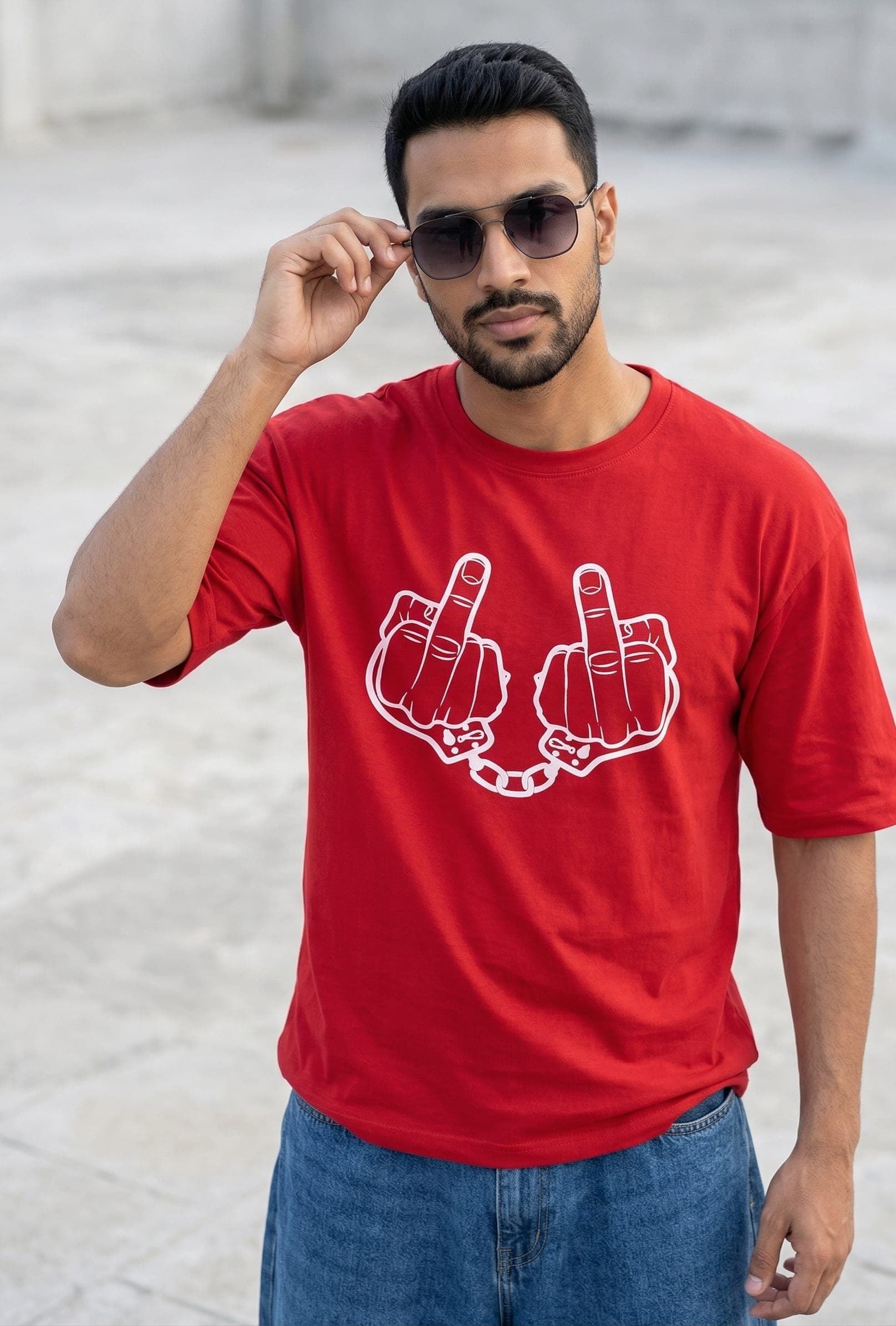 Men’s Red Oversized Off-Shoulder Graphic T-Shirt – Gen Z Poly Cotton Streetwear