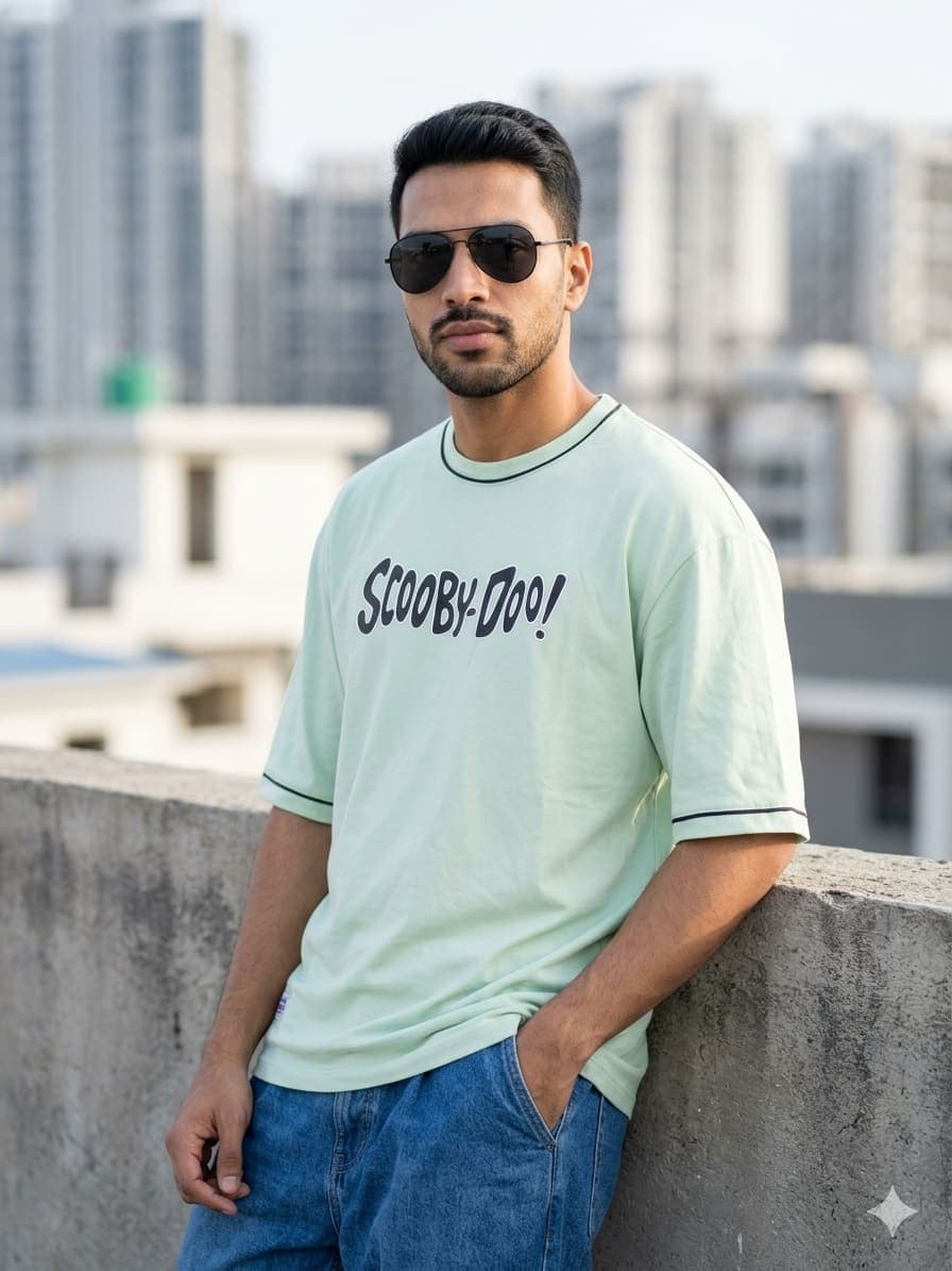 Men’s Mint Green Oversized Off Shoulder Graphic Print T-Shirt