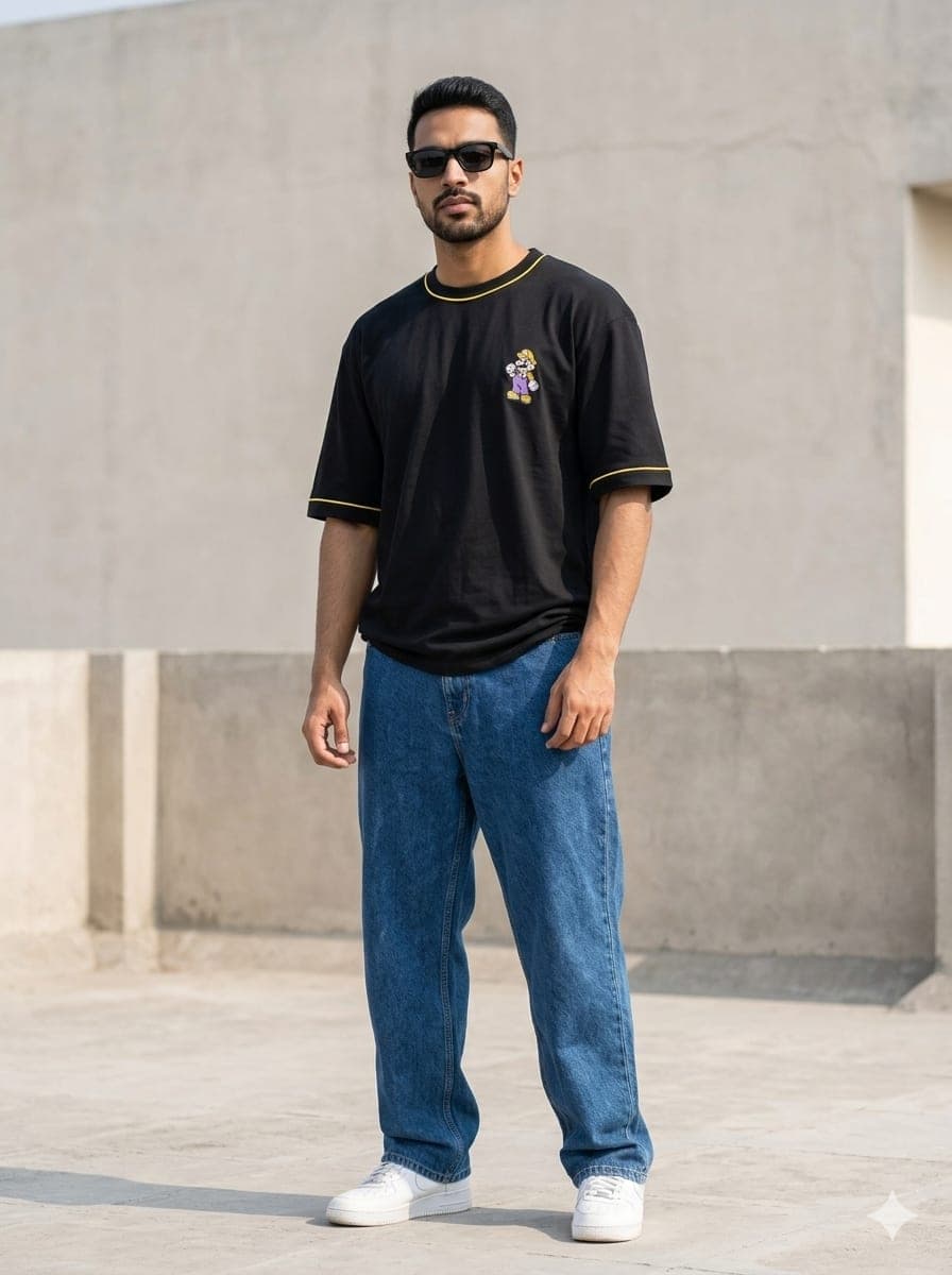 Gen Z Black Oversized Graphic Print T-Shirt | Relaxed Fit Poly Cotton Streetwear Tee for Men