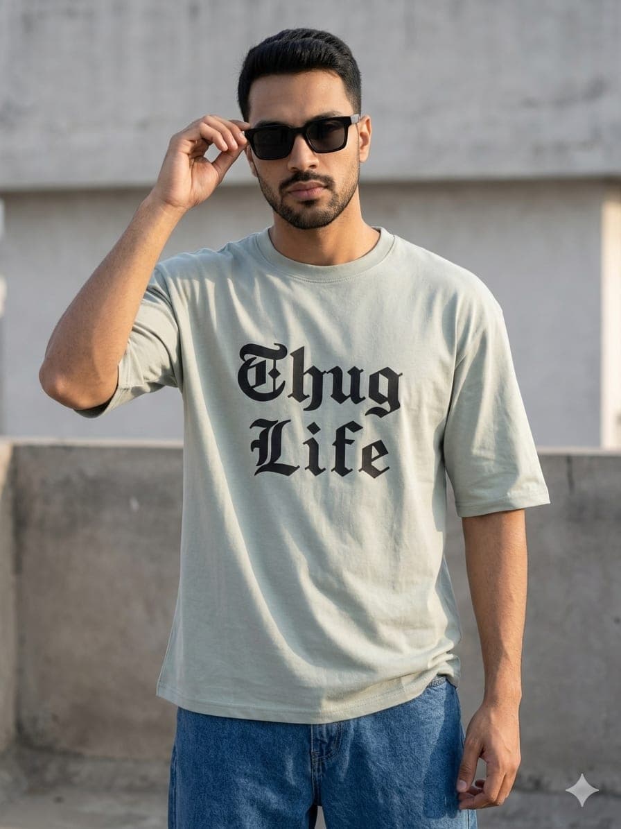 Men’s Oversized Thug Life Printed T-Shirt for Men | Trendy Streetwear Baggy Tee | Light Green Graphic Oversize Cotton TShirt