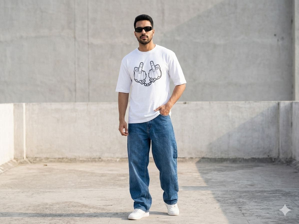 White Oversized Graphic Print T-Shirt for Men | Half Sleeve Round Neck Cotton Streetwear Tee
