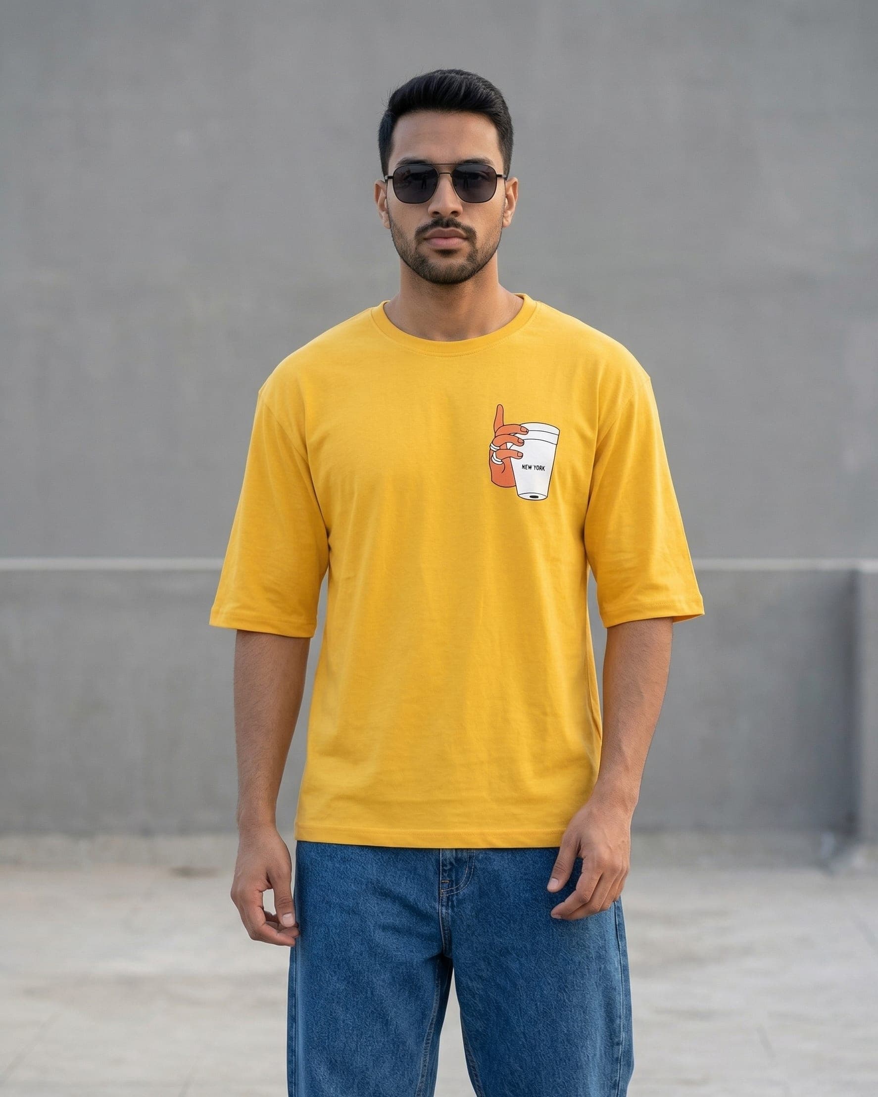 Gen Z Yellow Oversized Graphic Print T-Shirt | Relaxed Fit Cotton Streetwear Tee for Men