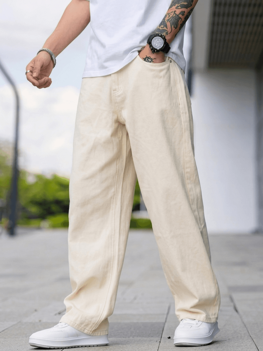 Men's Beige Baggy Jeans – Relaxed Fit Wide Leg Denim Pants