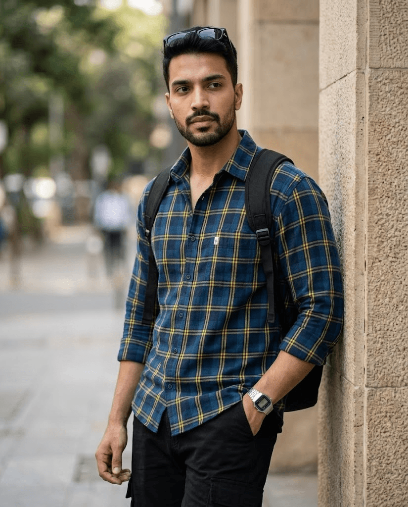 Men's Teal Blue & White Checked Cotton Shirt: Regular Fit Long Sleeve