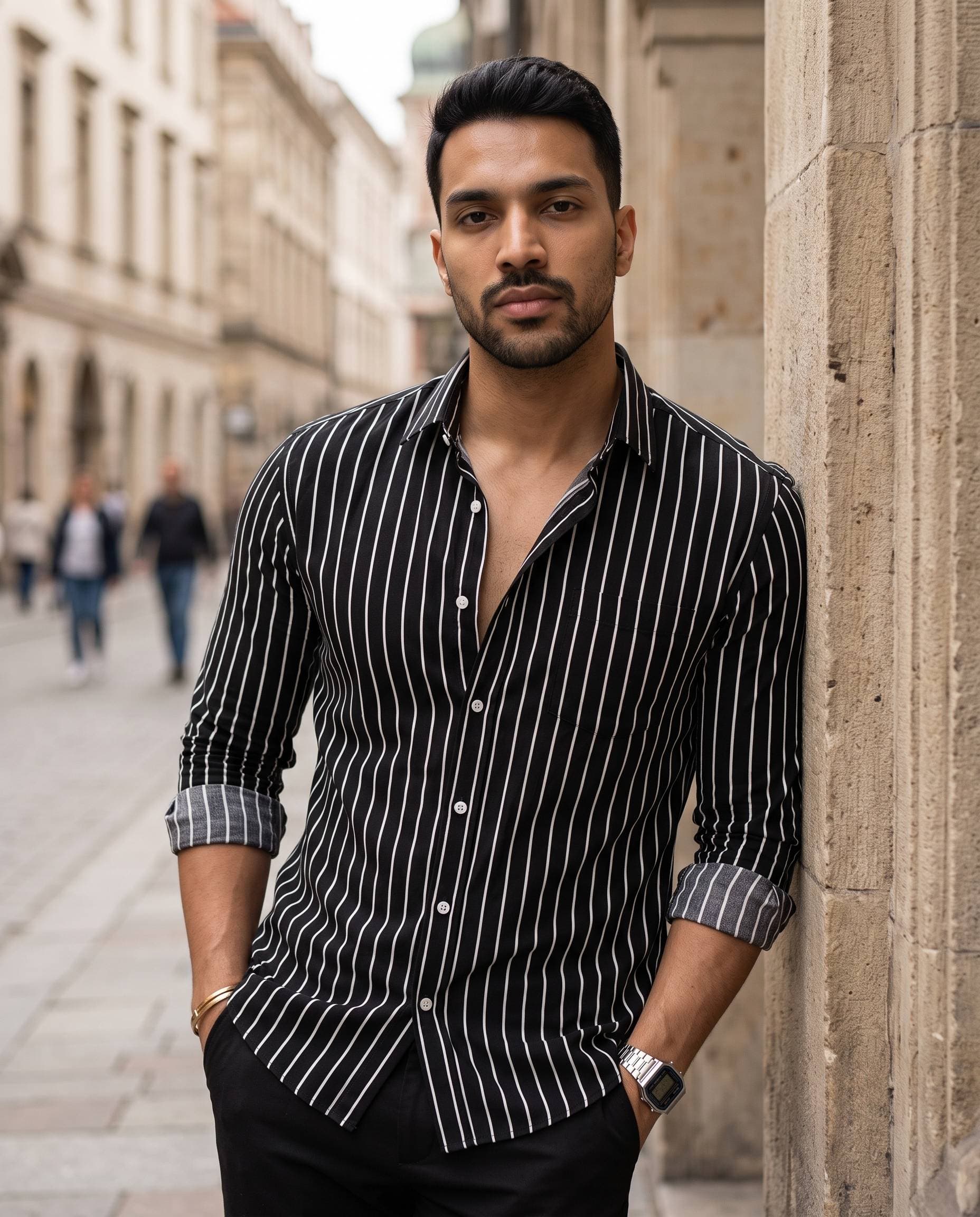 Men's Black & White Pinstripe Cotton Shirt – Slim Fit Full Sleeve Formal Wear