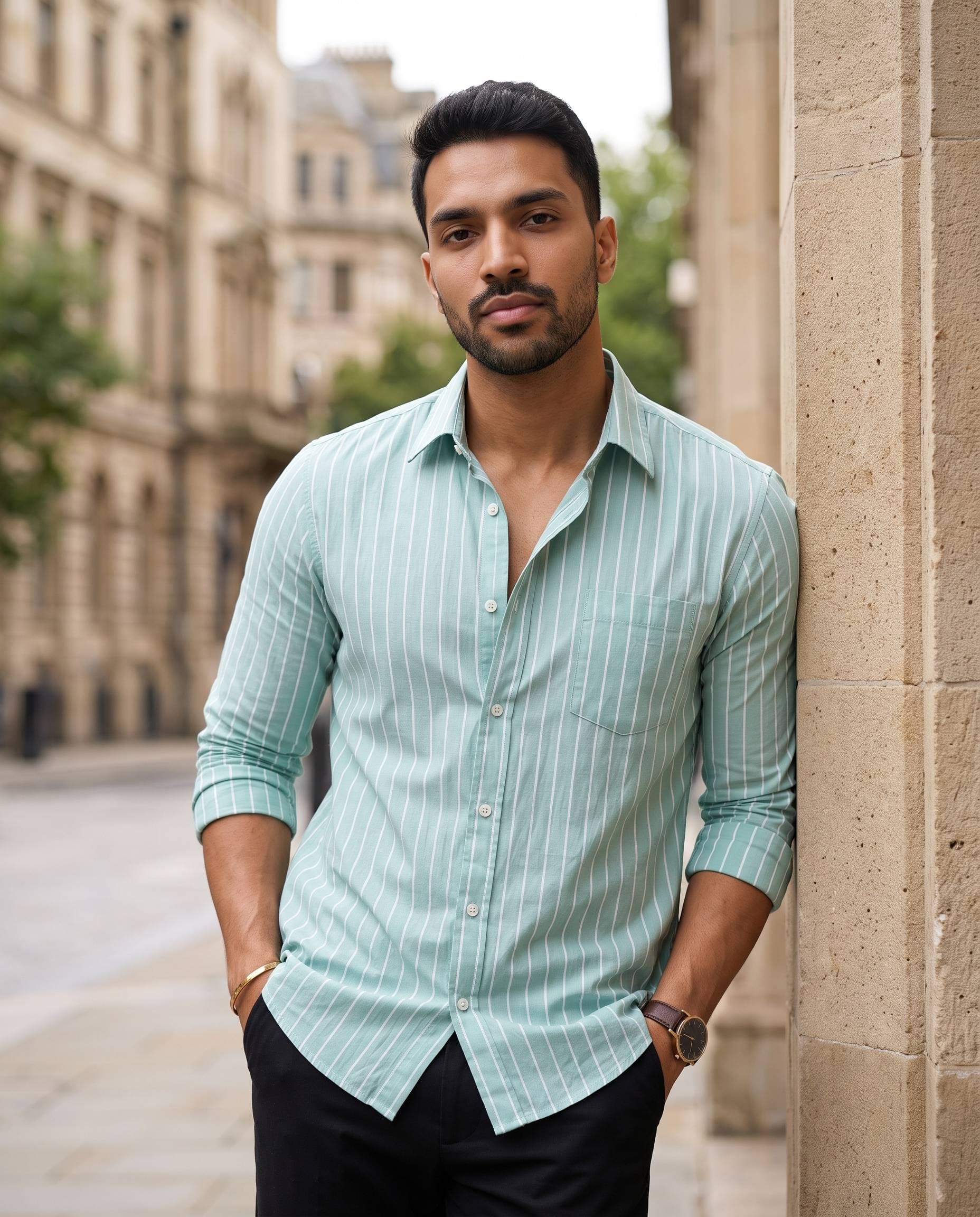 Men's Mint Seafoam Green Pinstripe Cotton Shirt: Regular Fit Full Sleeve