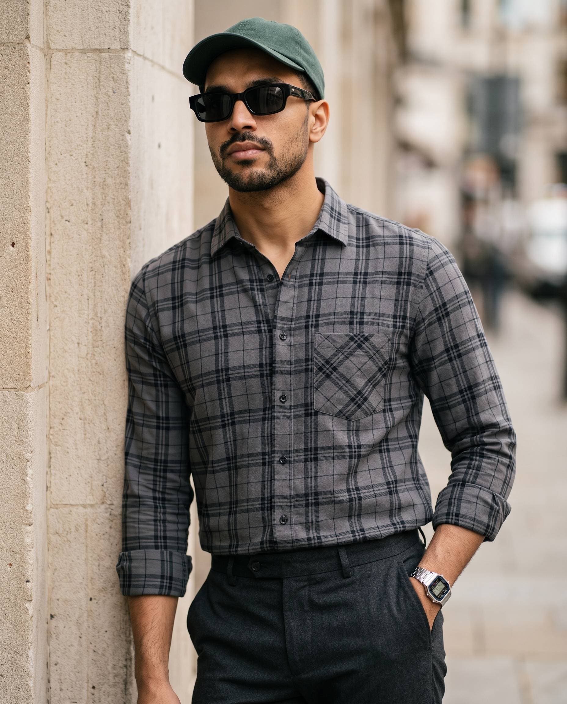 Men's Grey & Black Check Cotton Shirt – Casual Long Sleeve Plaid Shirt