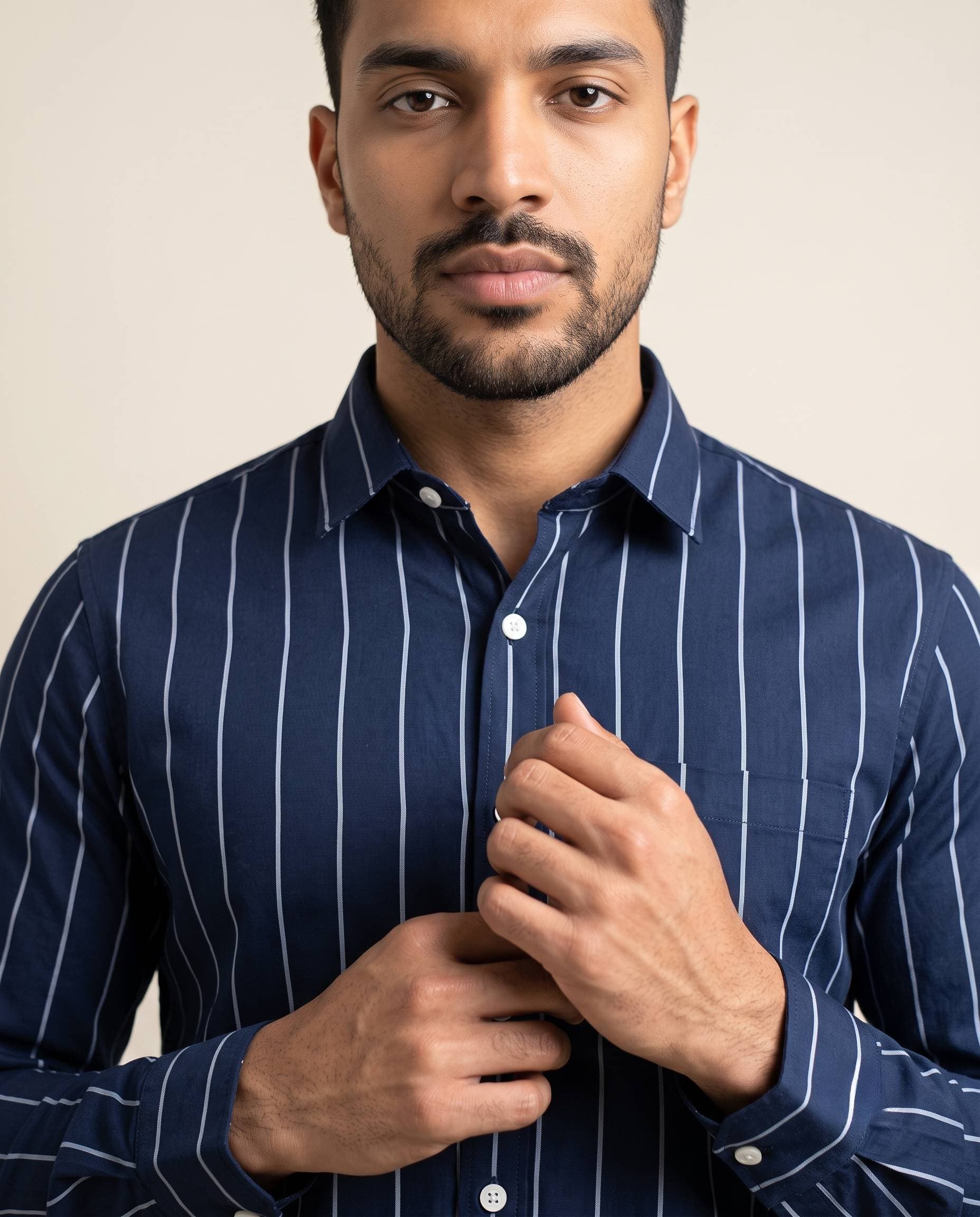 Men's Navy Blue & White Pinstripe Cotton Shirt – Slim Fit Full Sleeve