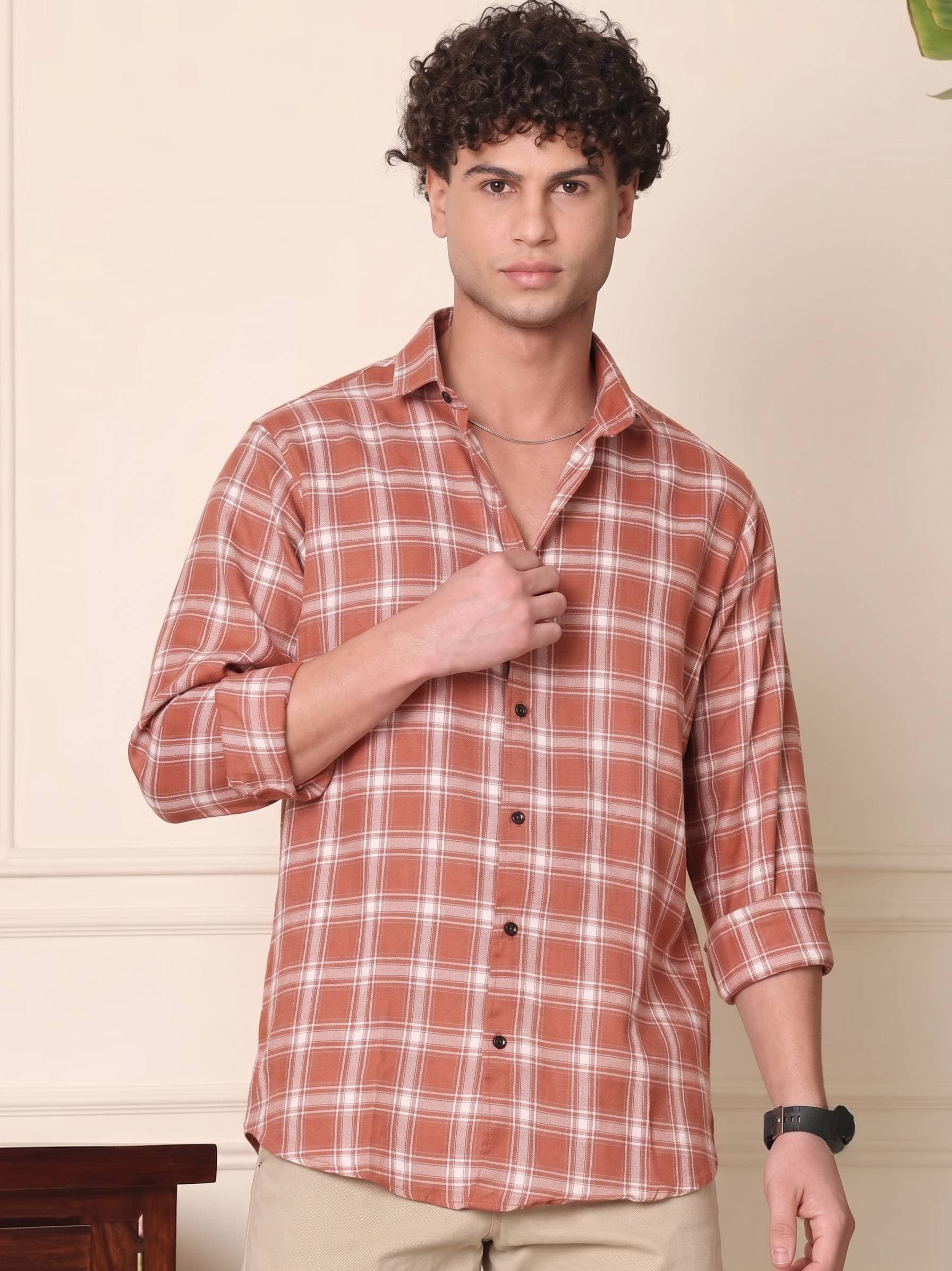 Men's Rust Orange & White Checked Cotton Shirt - Regular Fit Full Sleeve