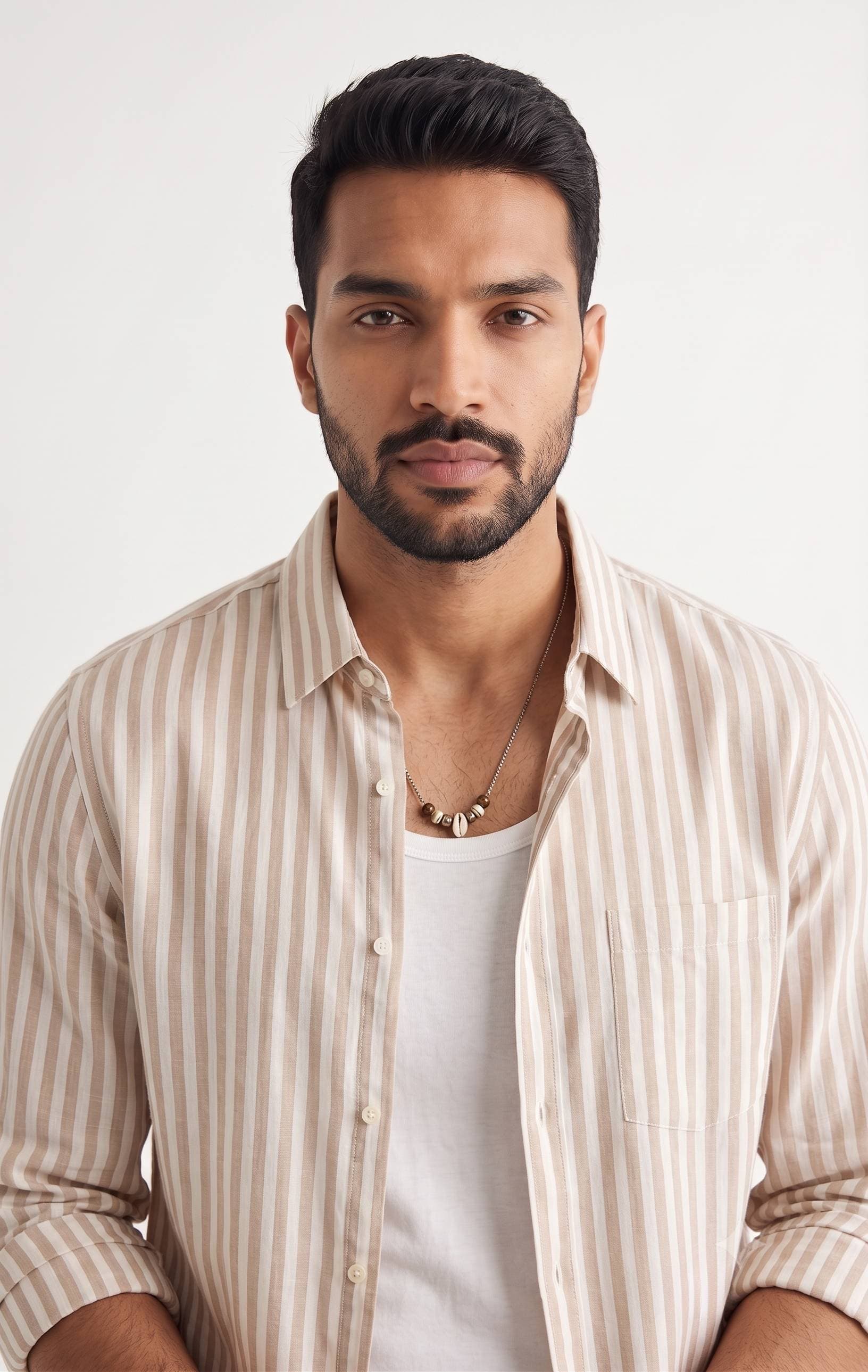 Men's Beige & White Vertical Stripe Cotton Shirt – Regular Fit Full Sleeve