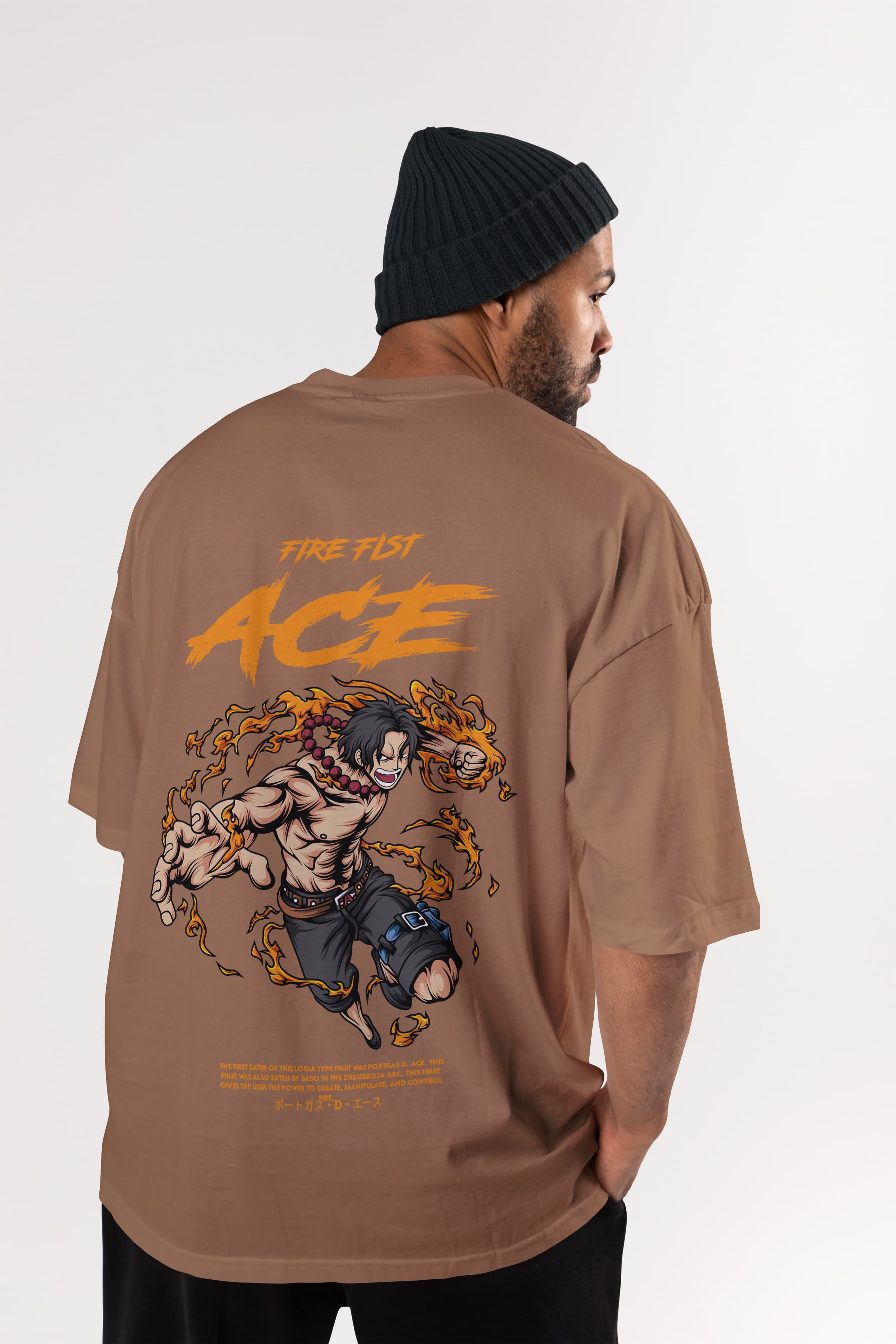 Men’s Coffee Brown Anime Back-Print Oversized Drop-Shoulder T-Shirt